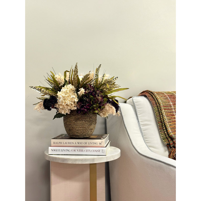 Levasy Fall Arrangement with Hydrangeas and Wheat in Rope Pot, Purple