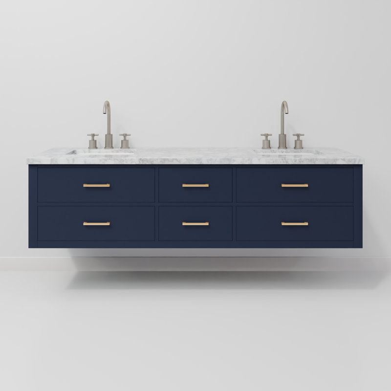 Castor 72" Wall-Mounted Double Bathroom Vanity Set, Blue, White Carrara Marble