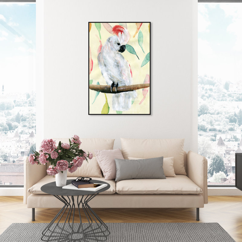 Cacatoès tropical - peinture sur toile, Cadre en bois noir, H 46 po x l 31 po