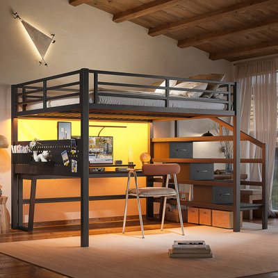 Grand lit mezzanine en métal avec escalier de rangement et bureau mobile avec structure de lit mezzanine en métal USB / noir avec 3 tiroirs en tissu et garde-corps pleine longueur et panneau perforé à DEL pour enfants et adolescents