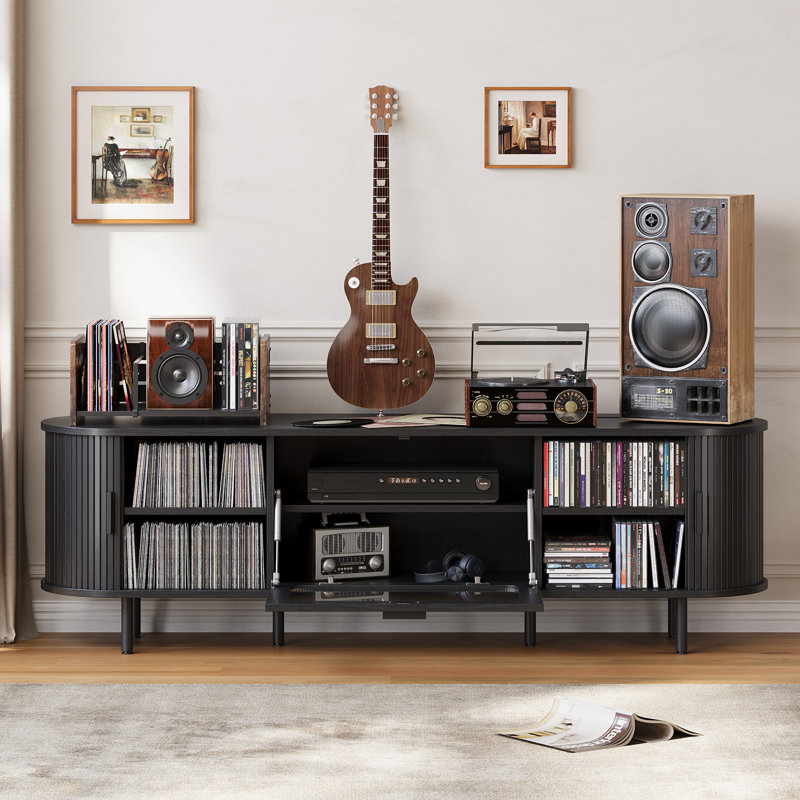 TV Stand for TVs up to  With Fluted Sliding Doors, LED Lights & Hidden Power Strip, Black