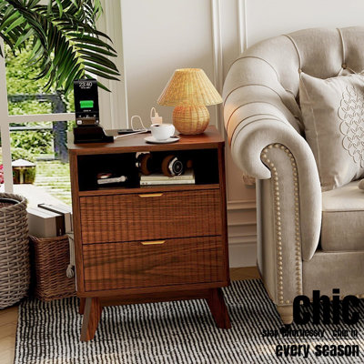 Wave Fluted Night Stand End Table with Charging Station,2 Drawers and Open Storage Shelf for Bedroom, Living Room