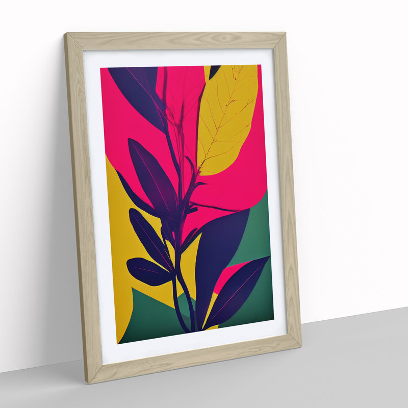 Neon Abstract Leaves - Single Picture Frame Print, 64cm H x 46cm W, Oak