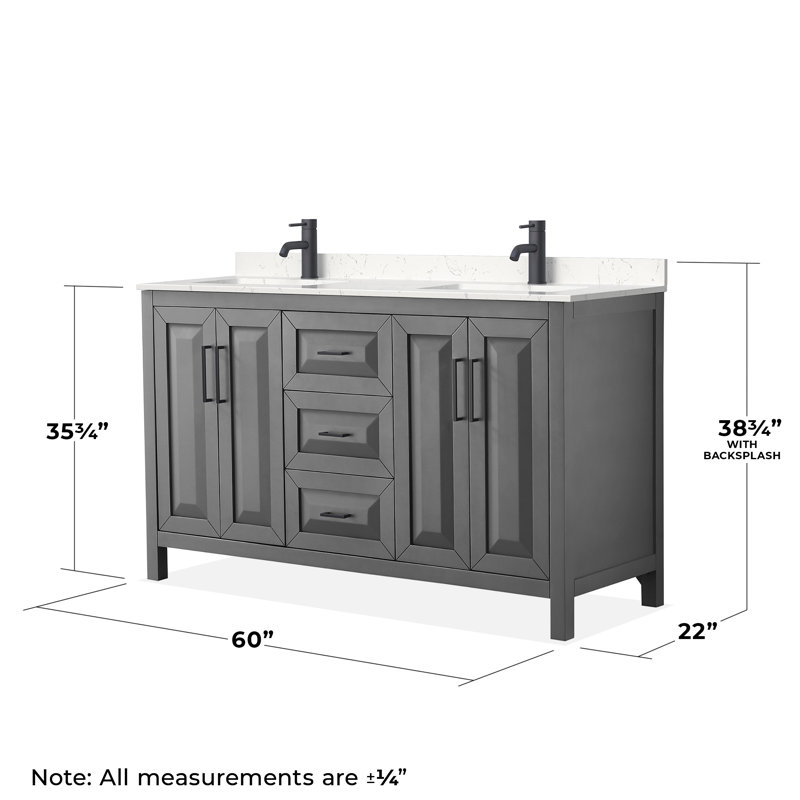 Daria 60'' Double Bathroom Vanity with Carrara Marble Top, Carrara Cultured Marble, Dark Gray, Matte Black