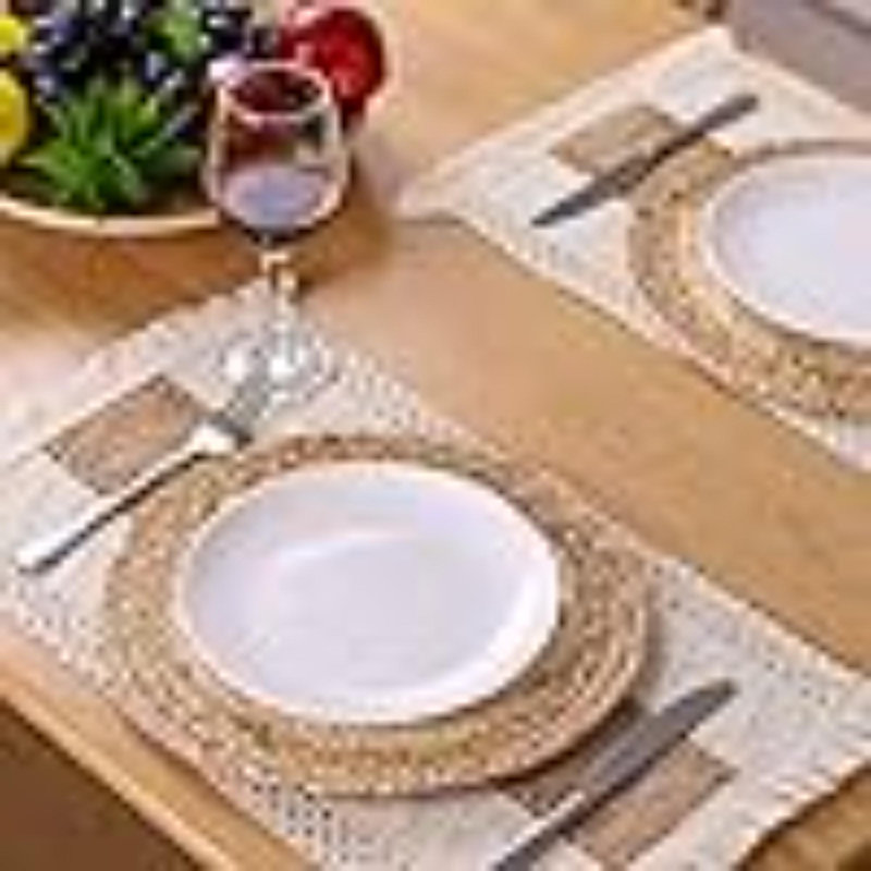 Handmade Boho Placemats Set Of 6 - Natural Cotton Burlap And Water Straw Woven Combination Table Mats, Macrame Décor And Farmhouse Style Placemats, For Dining Table Kitchen