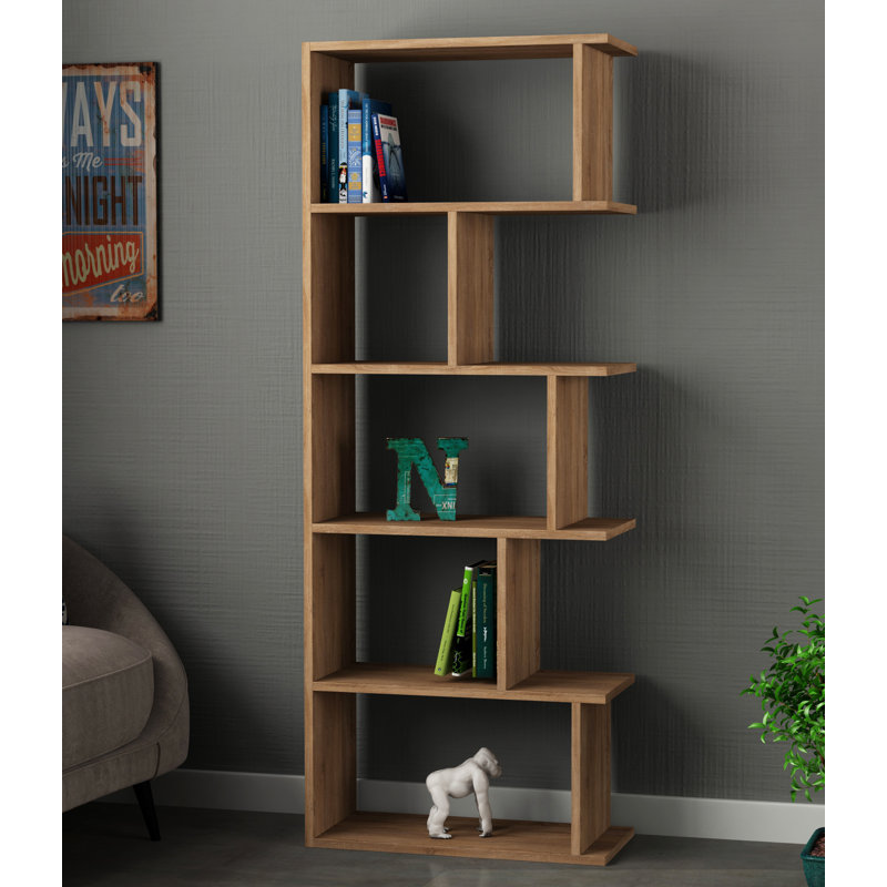 Tapi Modern Asymmetrical 5-Tier Bookcase, Oak