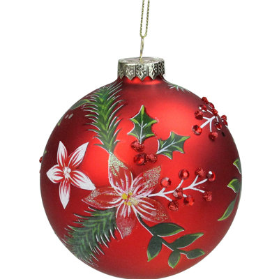 4" Red Poinsettia and Holly Glass Christmas Ball Ornament