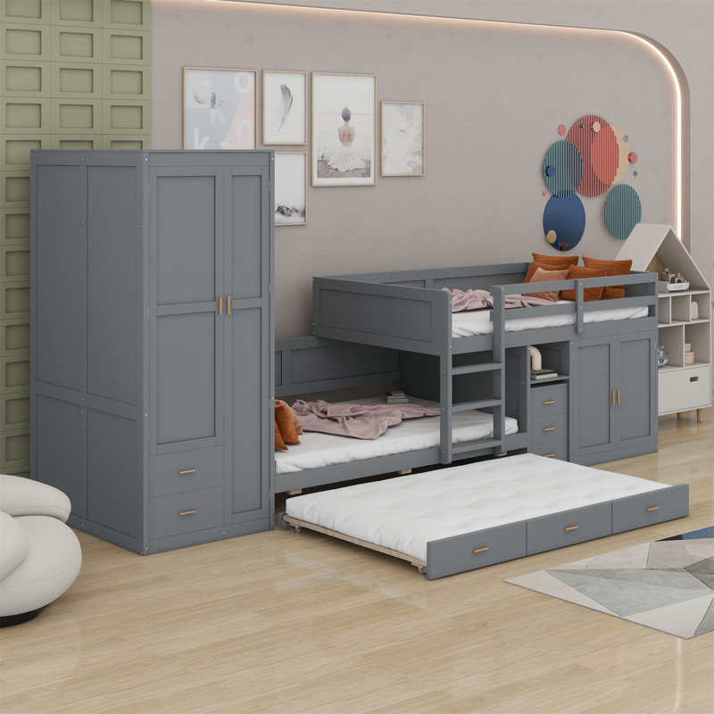 Lit superposé simple en bois avec lit gigogne, armoire, armoire, bureau et tiroirs Clervius, Gris