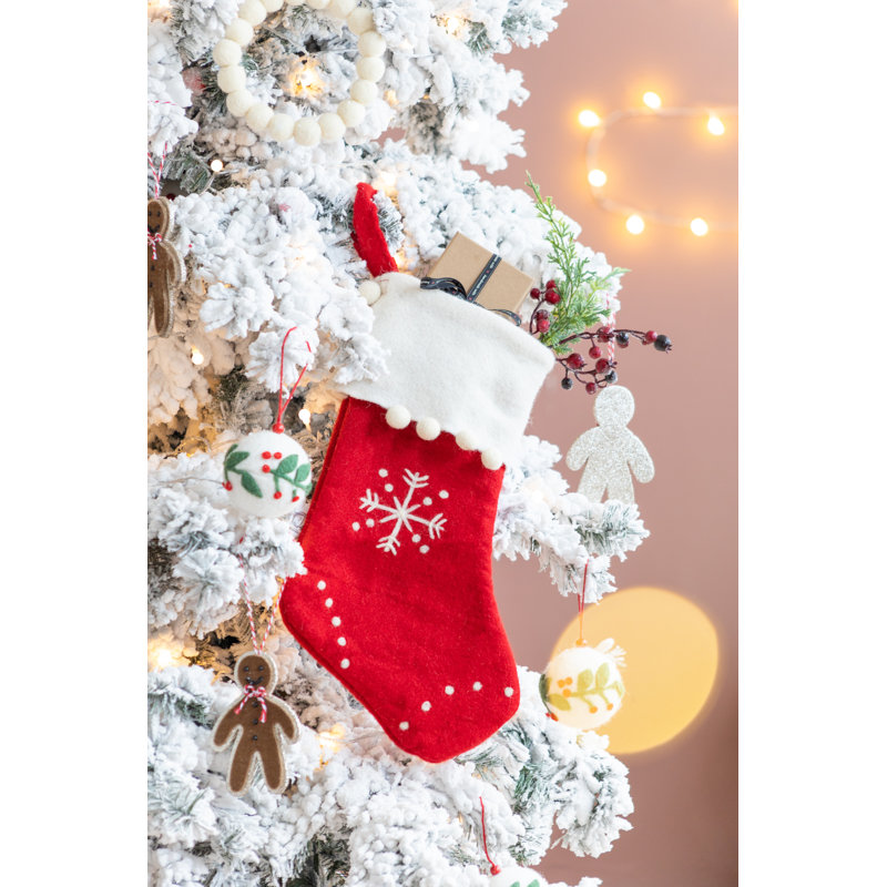 Boiled Wool Red Stocking with Pom Poms and Snowflake Design - Red, White - 20"