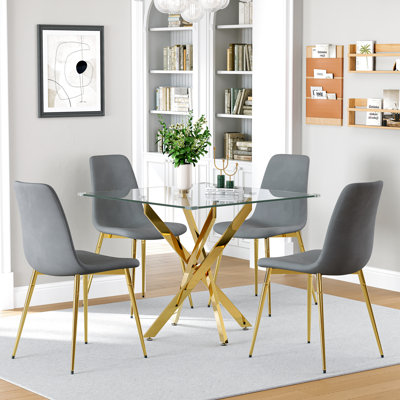 36" Square Glass Dining Table Set, Modern Stainless Steel Cross-Leg Base With 4 Velvet Upholstered Chairs