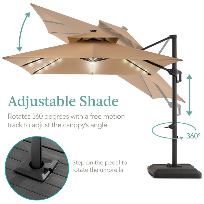 Tan 10x10ft 2-Tier Square Outdoor Solar LED Cantilever Umbrella