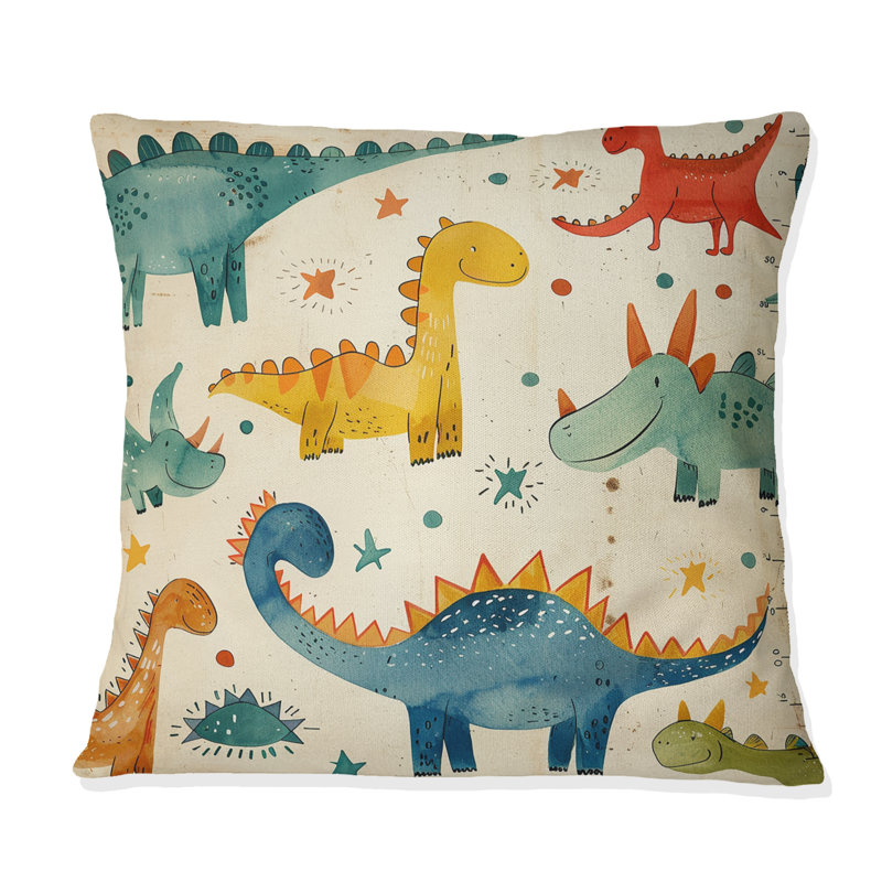 Motif de dinosaure jaune et vert pour enfants I - Coussin pour enfants, H 16 po x l 16 po, Carrée