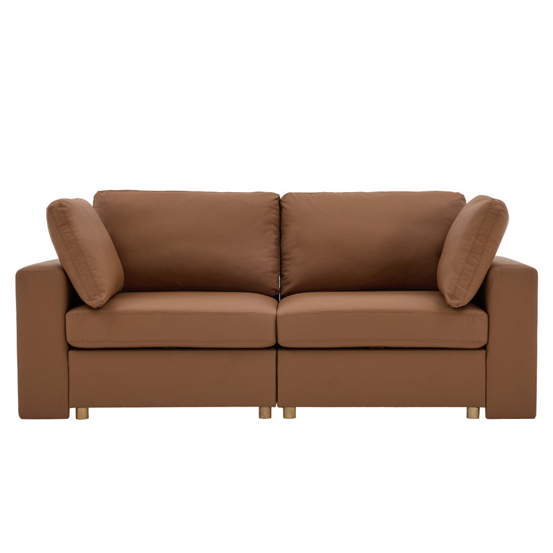 Upholstered Sofa with Storage, Solid Wood Legs and 2 Pillows, Brown Faux Leather, 2
