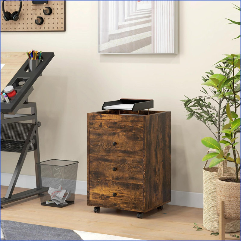 Cabinets, 3-Drawer Under Desk Storage with Removable Tray &amp; Wheels, Home Office Printer Stand | Rustic Brown | Particle Board