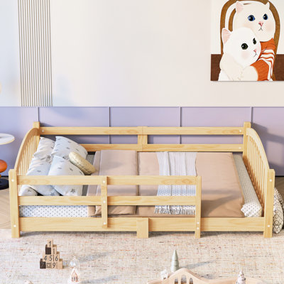 Lit double au sol, lit en pin avec lattes et garde-corps, supporte la taille des motifs de sommeil, fabrication en bois, facile à assembler à la maison