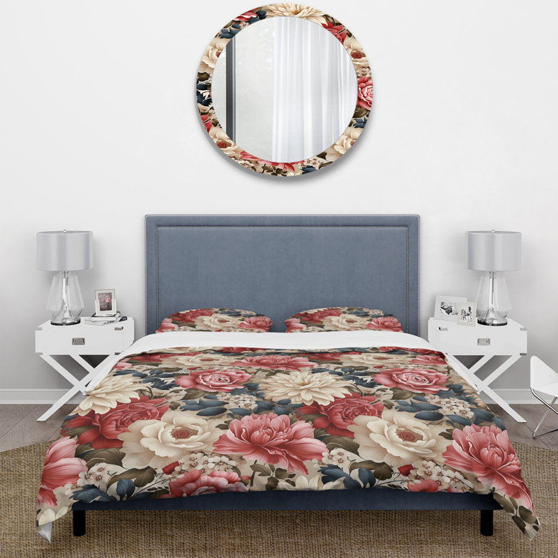 Ensemble de housse de couette à motif floral beige avec motif floral rétro I, Housse de couette pour très grand lit et 2 très