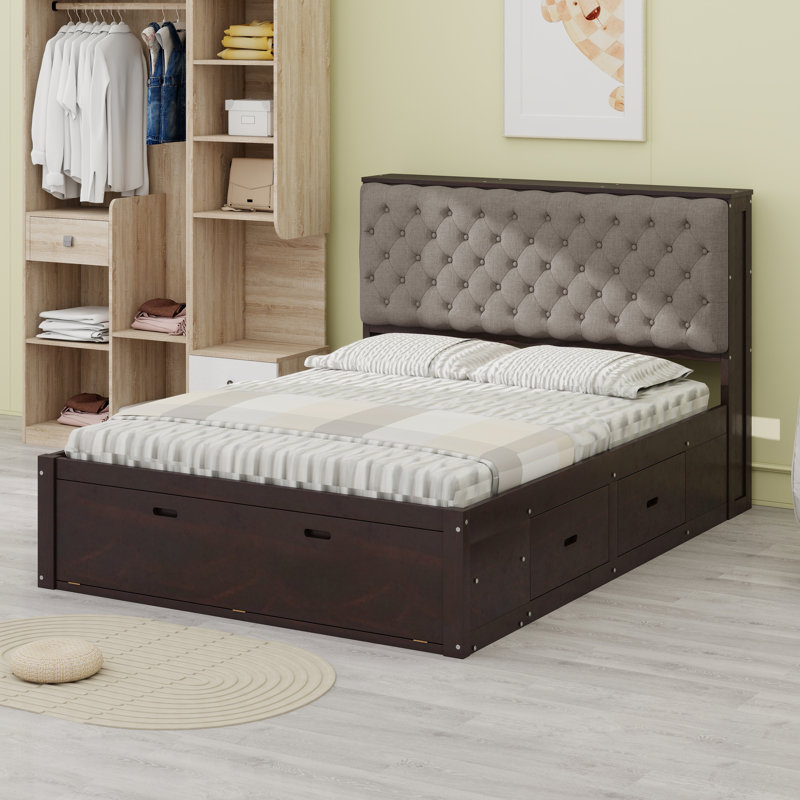 Lit plateforme en bois robuste avec 4 tiroirs, tête de lit et range-chaussures, Espresso