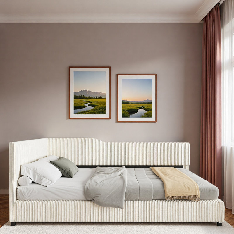Lit de jour en L en velours côtelé avec cadre solide et décoration rayée, Beige