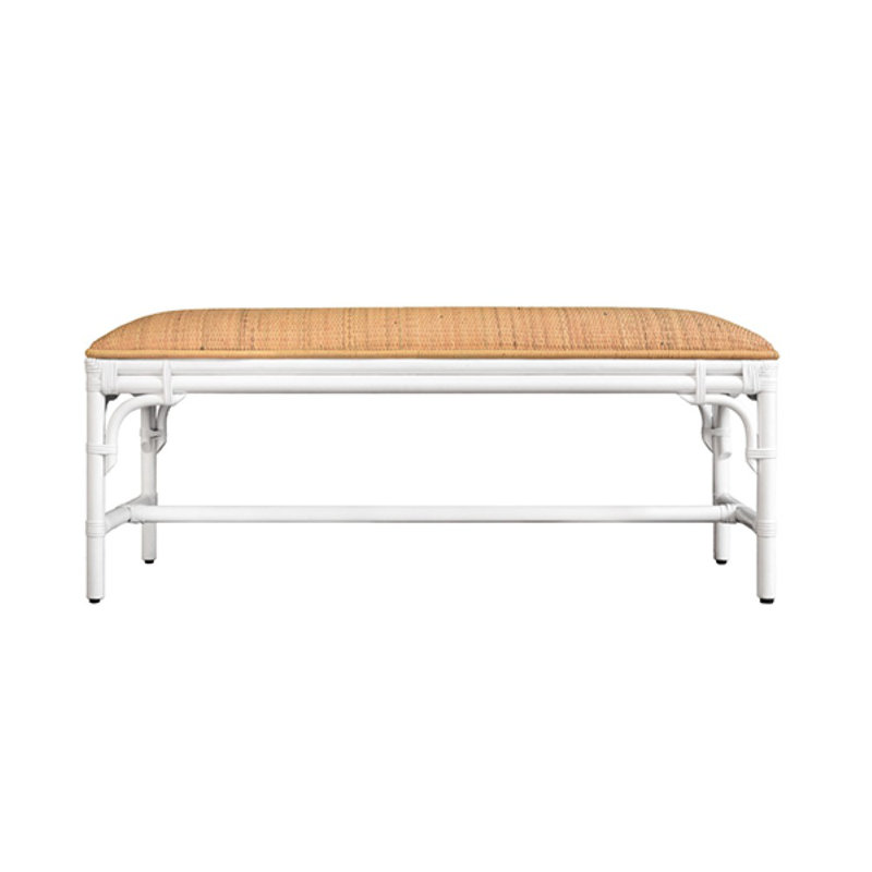 Banc avec coussin en rotin naturel et base en rotin peint en blanc