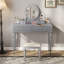 Bureau de coiffeuse de luxe avec miroir rond, hauteur réglable, ensemble de coiffeuse, 4 tiroirs et tabouret, argent