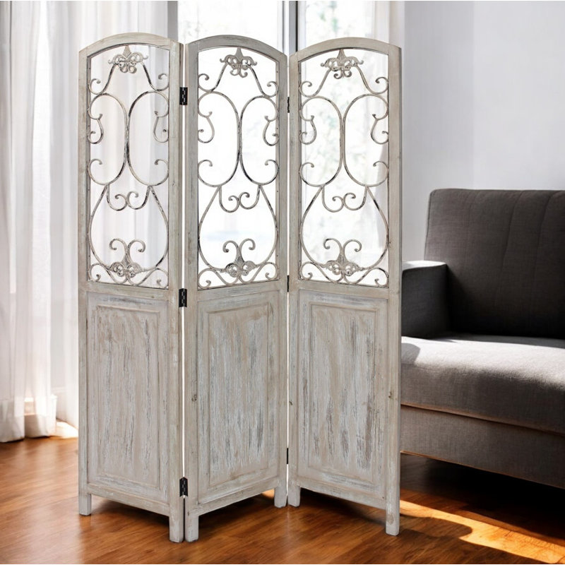 Paravent 68 "à trois panneaux pliables en métal et bois beige, Beige