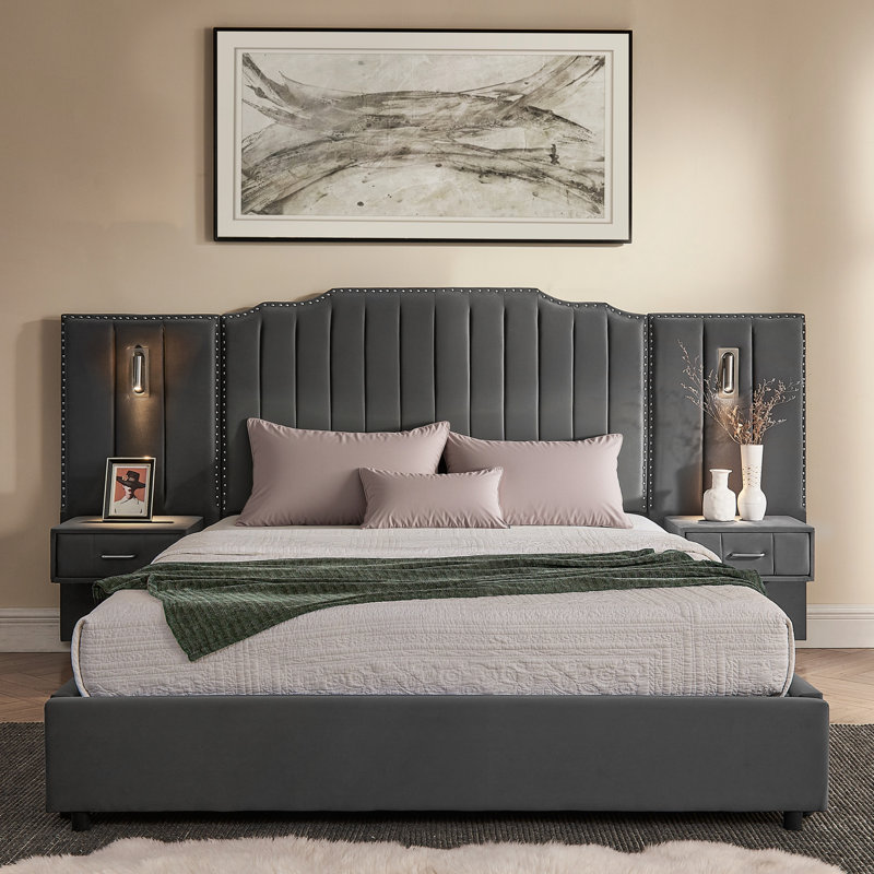 Structure de lit tapissier grand format avec tissu en velours, boutons et lampe de chevet réglable, gris, Queen