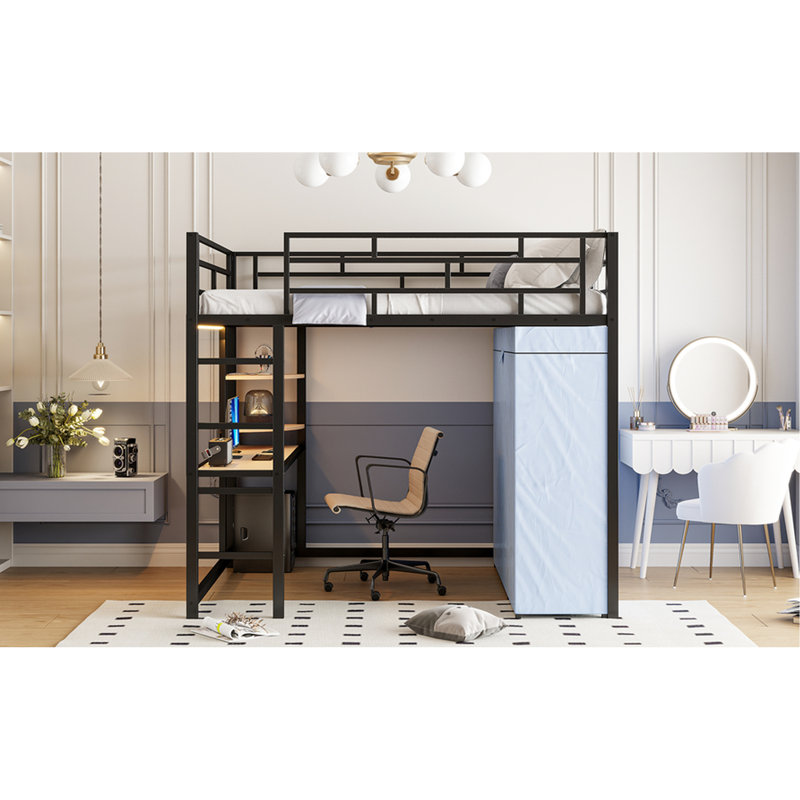 Lit mezzanine double en métal avec bureau, tablettes, prise électrique, lampe à DEL et garde-robe en noir. Économisez de l'espace dans votre maison. Construire. L 77,4 po x l 56,5 po x H 66,5 po. Matelas non inclus. Tablettes noires à assembler,