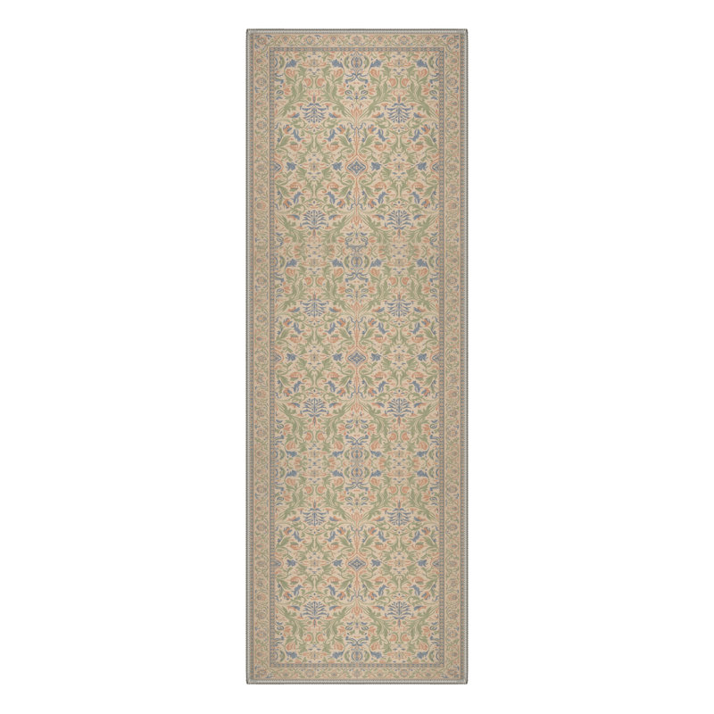 Lorelei Floral Vines Machine Washable Sage Smoke Indoor Area Rug With Non-Slip Backing, Runner 2' x 7'