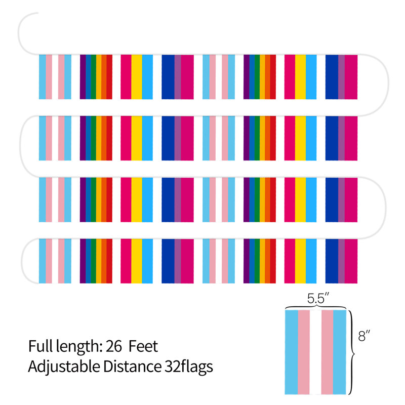 Abbad 32pcs Assorted Rainbow String Flags - 4 Mixed Pennant Banners with LGBT, Pansexuality, Bisexuality, and Transgender - 32 Flags 26 Feet