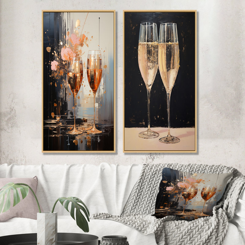 Champagne Chords Symetry - Champagne, ensemble de 2 reproductions d'art mural, Encadrement brun, H 28 po x l 25 po