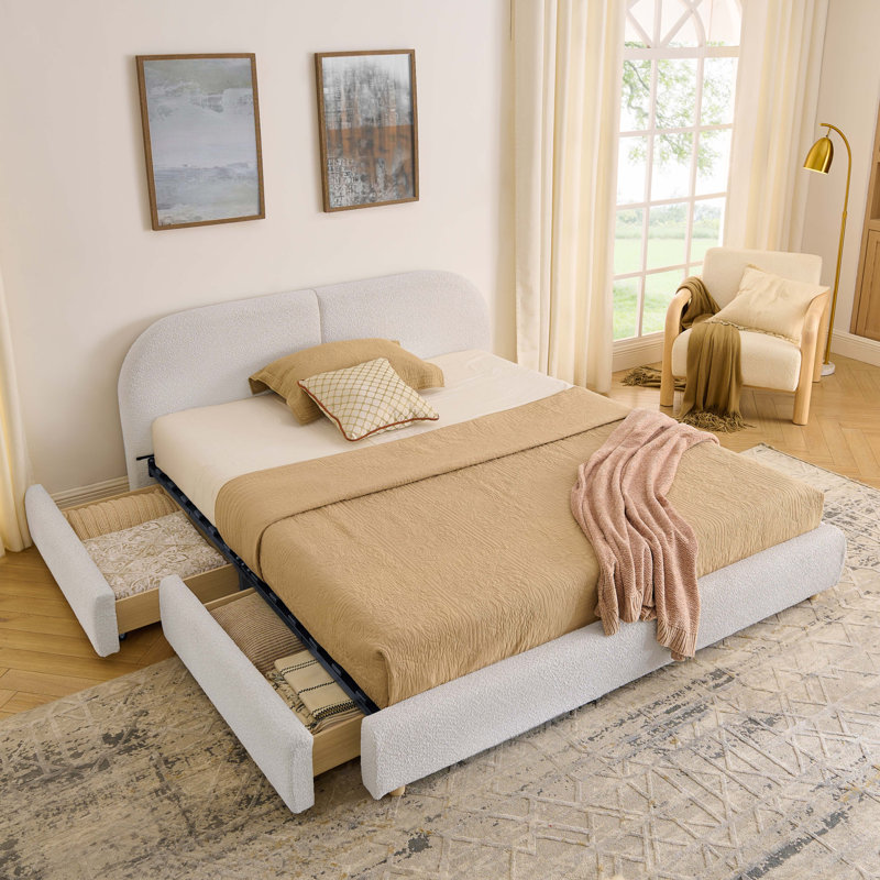 Queen Size Upholstered Bed Frame with Tall Curved Headboard and Wheeled Drawer Storage, Queen, Beige, Drawers