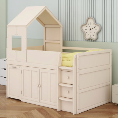 Lit mezzanine en bois pour enfants et adolescents avec bureau, tiroirs et armoires