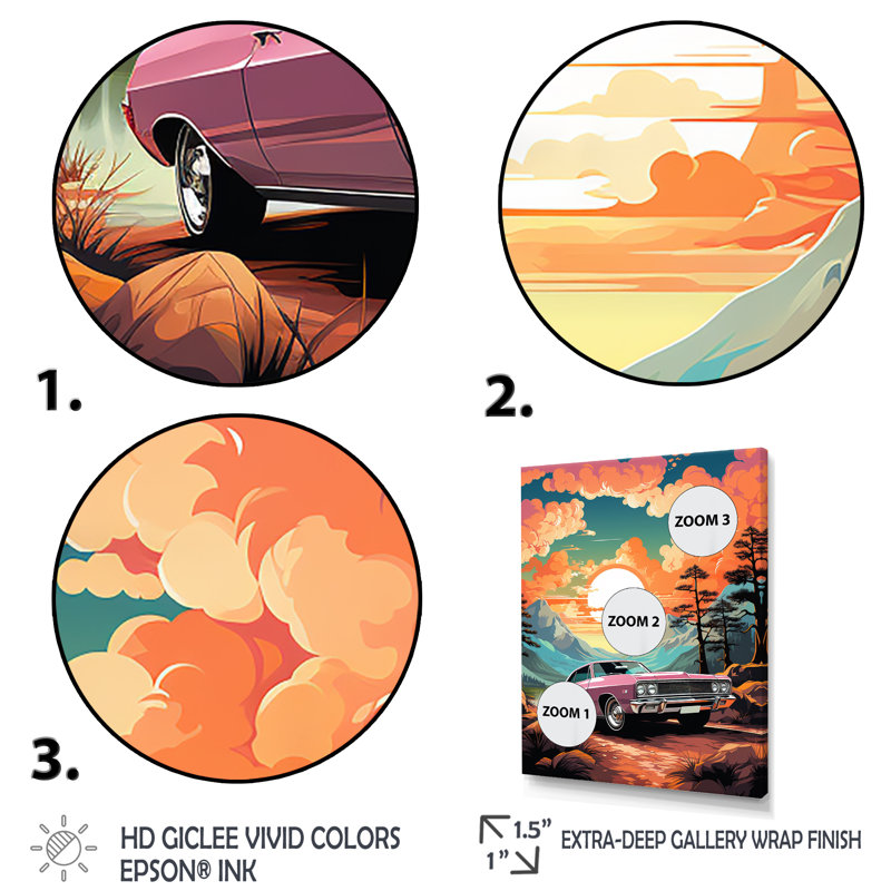 «Pink Classic Muscle Car At Sunset», Cadre flottant noir, H 40 po x l 30 po x P 1,5 po
