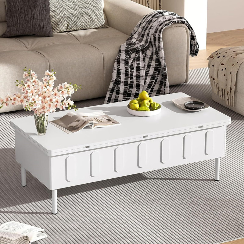 Table basse à plateau relevable avec 2 tiroirs, table basse moderne avec plateau pliable, table basse réglable multifonctionnelle avec compartiment de rangement caché pour le salon