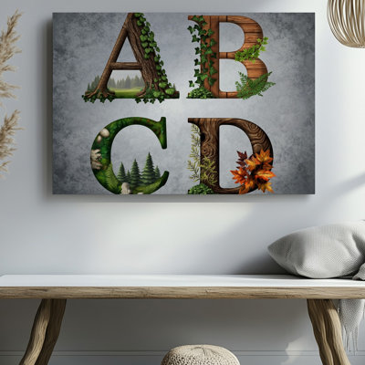 Toile Une illustration fantaisiste met en valeur quatre lettres en bois A au design complexe B C et D contre une toile texturée grise