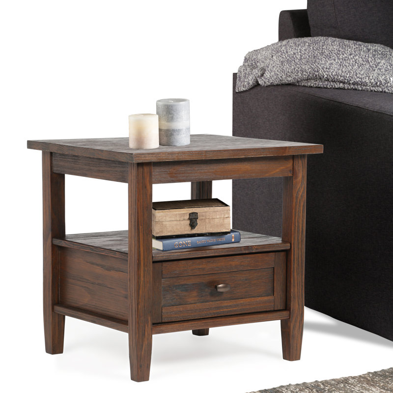 Distressed Charcoal Brown Solid Wood End Table with Storage