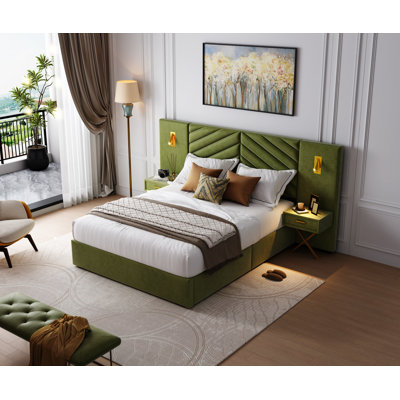 Velvet Upholstered Platform Bed With Wingback Headboard, Built-in Bedside Tables, Led Lights, And Strong Wooden Slats, No Box Spring Needed