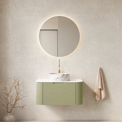 Meuble-lavabo de salle de bain 30 po avec lavabo, meuble de rangement mural à bordures courbes et flottantes avec tiroir, lavabo rond en céramique blanc avec motif de pierre, pré-assemblé, couleur vert clair