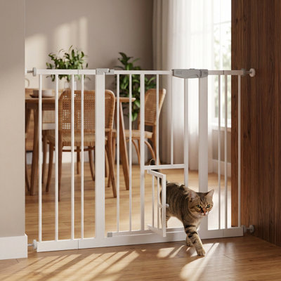 Pressure Mounted Baby Gate with Cat Door, Auto‑Close Pet Gate for Dogs and Kittens, No Drill Metal Safety Gate, Walk‑Thru Child Gate for Doorways Hall