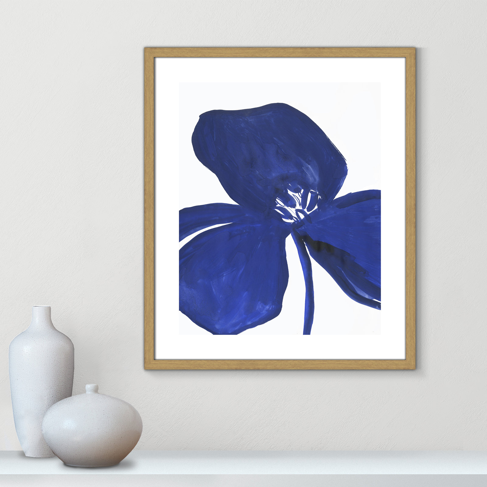Clarisse "Indigo Petal II" Painting, 25.5" H x 21.5" W x 0.75" D, Beige Framed Paper