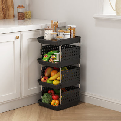 Plastic Stackable Storage Baskets, 4 Tier Stacking Bins For Food And Clothes, Multifunctional Organizer For Rv, Kitchen, Playroom, Pantry, Black, 35 X 30 X 72 Cm/14 X 12 X 28 Inch, 1 Pack