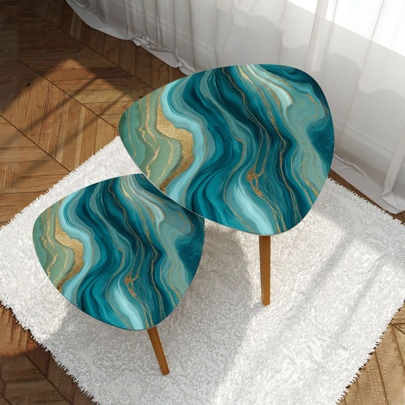 Ensemble de 2 tables gigognes triangulaires en fausse pierre, agate, malachite, menthe, vert, or, veines, table de bout, ensemble de tables d'appoint minimaliste moderne pour le salon, la chambre à coucher