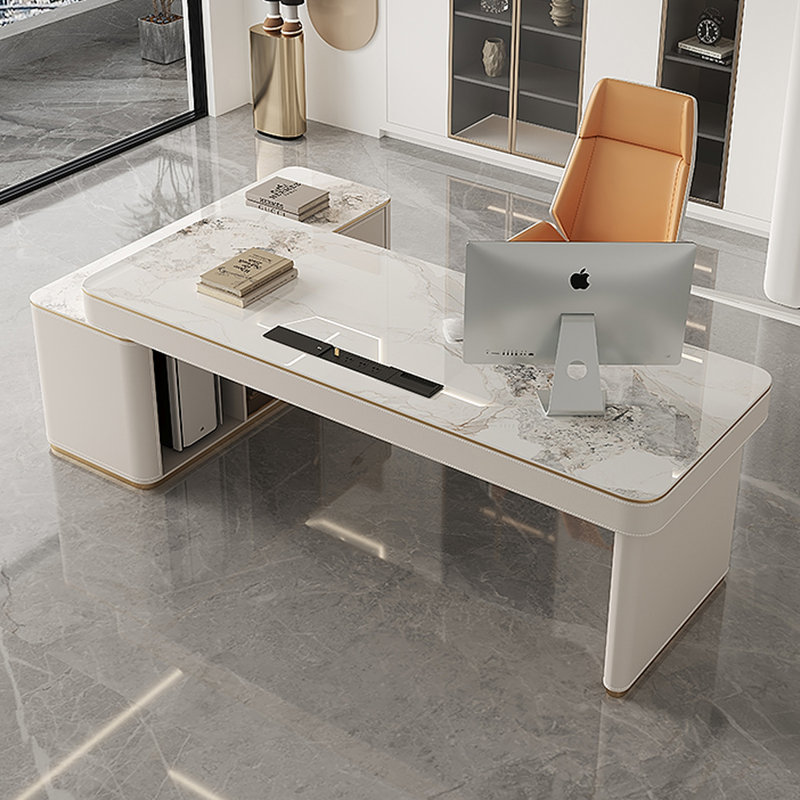 Bureau de direction blanc en L en pierre frittée avec tiroirs, Retour à droite, H 29,53 po x l 55,12 po x P 47,24 po