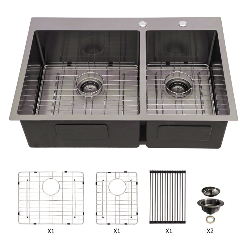 Évier de cuisine à double cuve à montage sur plan - Évier de cuisine noir à double cuve en acier inoxydable de calibre 16 avec deux cuves profondes de 10 po x 22 po