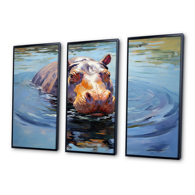 «Curious Water Hippo - Hippopotamus», art mural, H 28 po x l 36 po, Cadre flottant noir