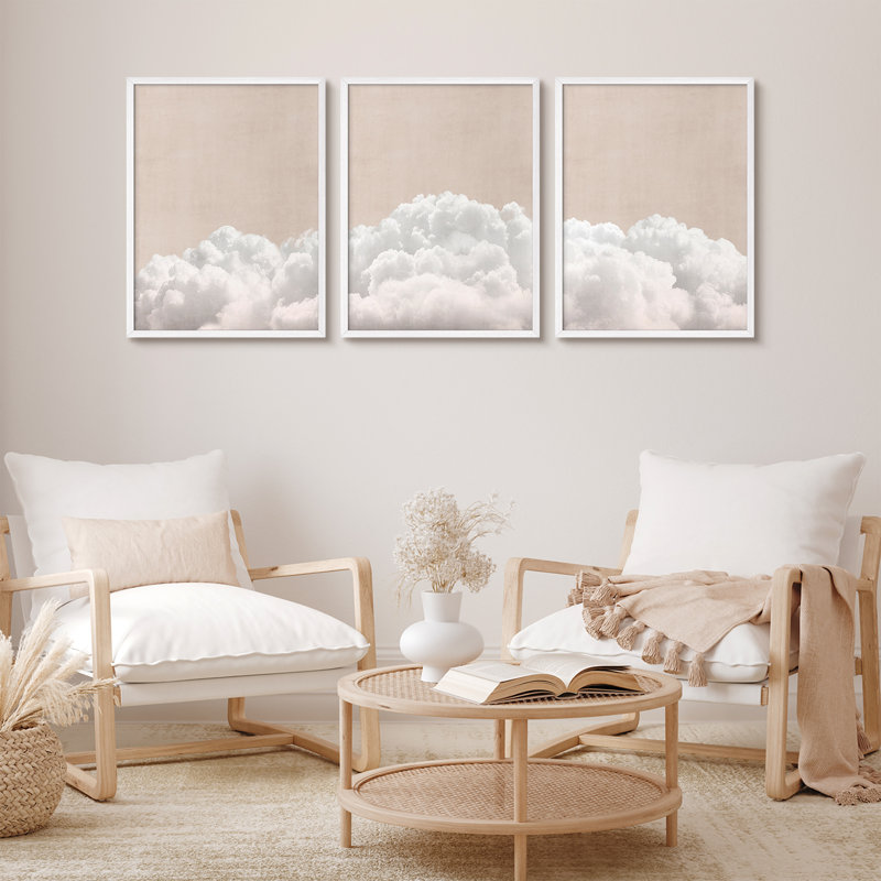 Ensemble de 3 pièces d'art mural encadré en nuage - Impressions de ciel blanc neutre pour décor de chambre à coucher, de chambre de bébé ou de salon