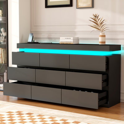 9-drawer Wide Dresser With Led Lights & Charging Hub