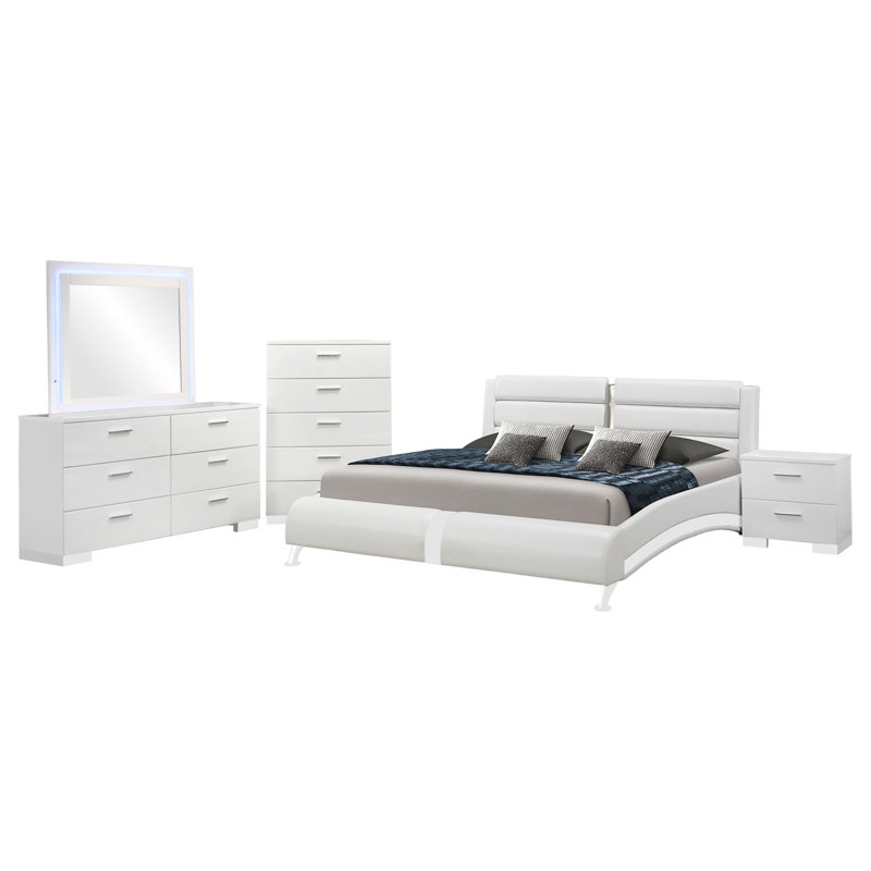 Ensemble de chambre à coucher grand format 5 pièces Zor, similicuir blanc et miroir DEL Zor, Blanc/chrome, Grand lit