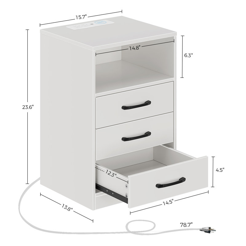 Orren Ellis Nightstand With 3 Drawers Open Storage, Wireless Charging and LED Lights, White