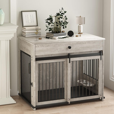 Large Dog Crate Furniture with Drawer Storage, Sliding Doors, Rotating Bowls